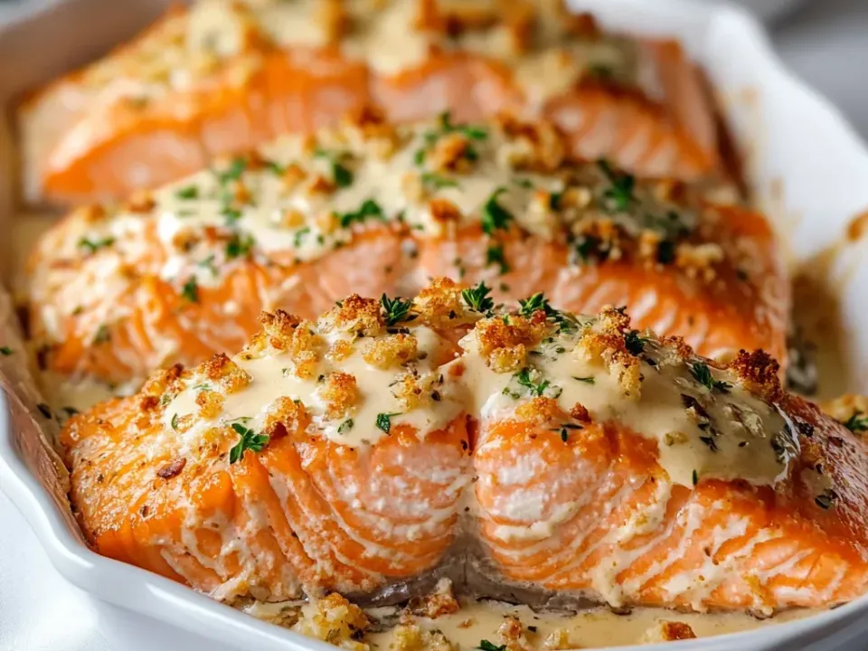 Salmon fillets under a pale ivory creamy sauce with a golden browned crumb scattered over, flecked with parsley and thyme, in a white dish
