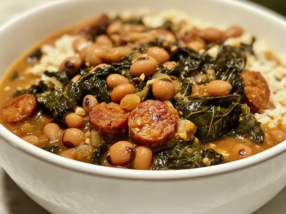 A thick brothy stew of black-eyed peas with dark braised collard greens and browned smoked sausage rounds, with white rice at the edge of a white bowl