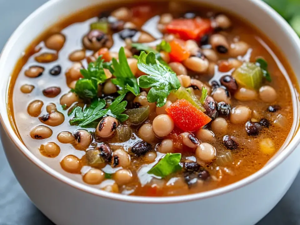 A white bowl of thin brothy red-brown soup with black-eyed peas, black beans, diced red bell pepper, celery and onion, topped with fresh parsley