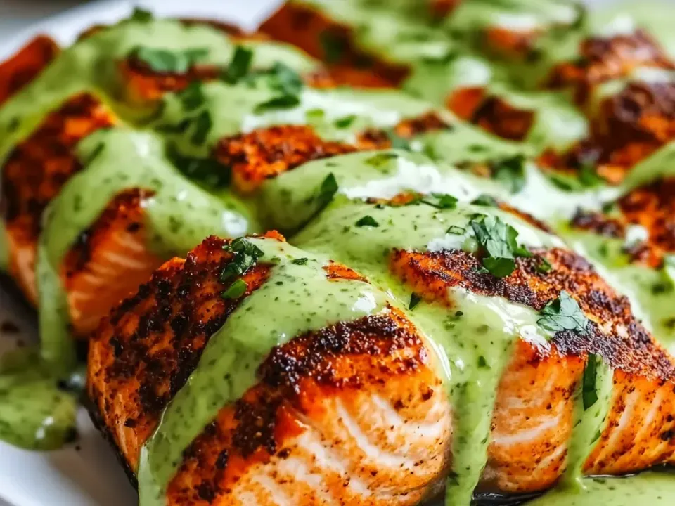 Dark blackened Cajun-spiced salmon fillets on a white platter under a thick pale green avocado-lime sauce with cilantro