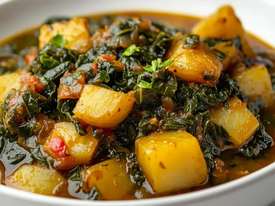 A white bowl of yellow potato cubes and dark wilted collard greens with diced tomato in a brothy reddish-brown stew, garnished with parsley