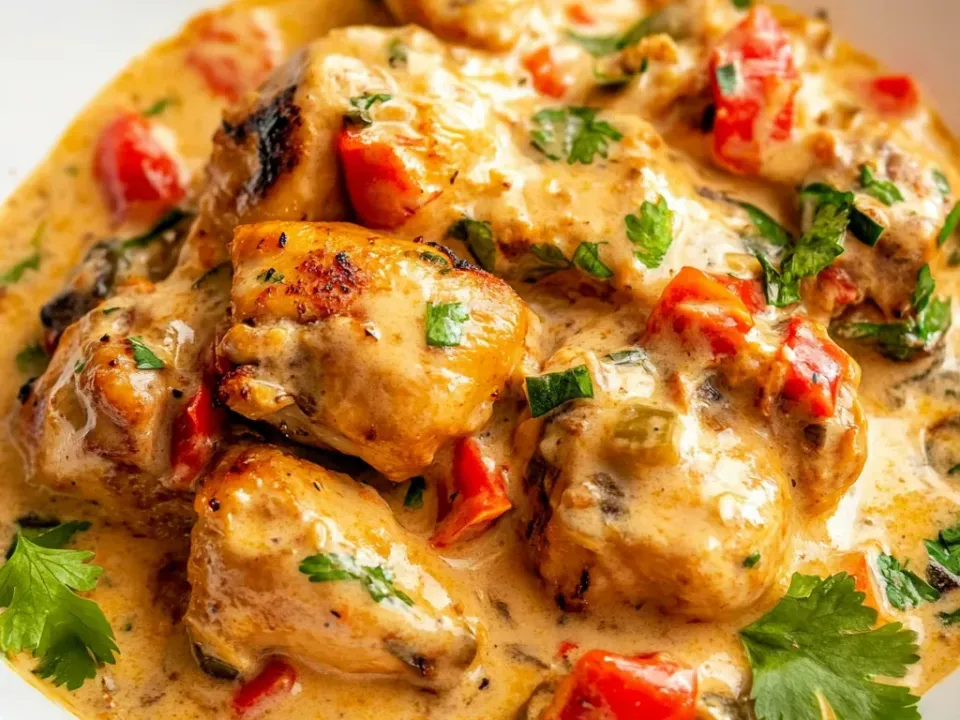 Browned chicken chunks in a thick pale creamy sauce tinged golden-orange with red bell pepper pieces, sliced mushrooms and fresh green herb in a white bowl