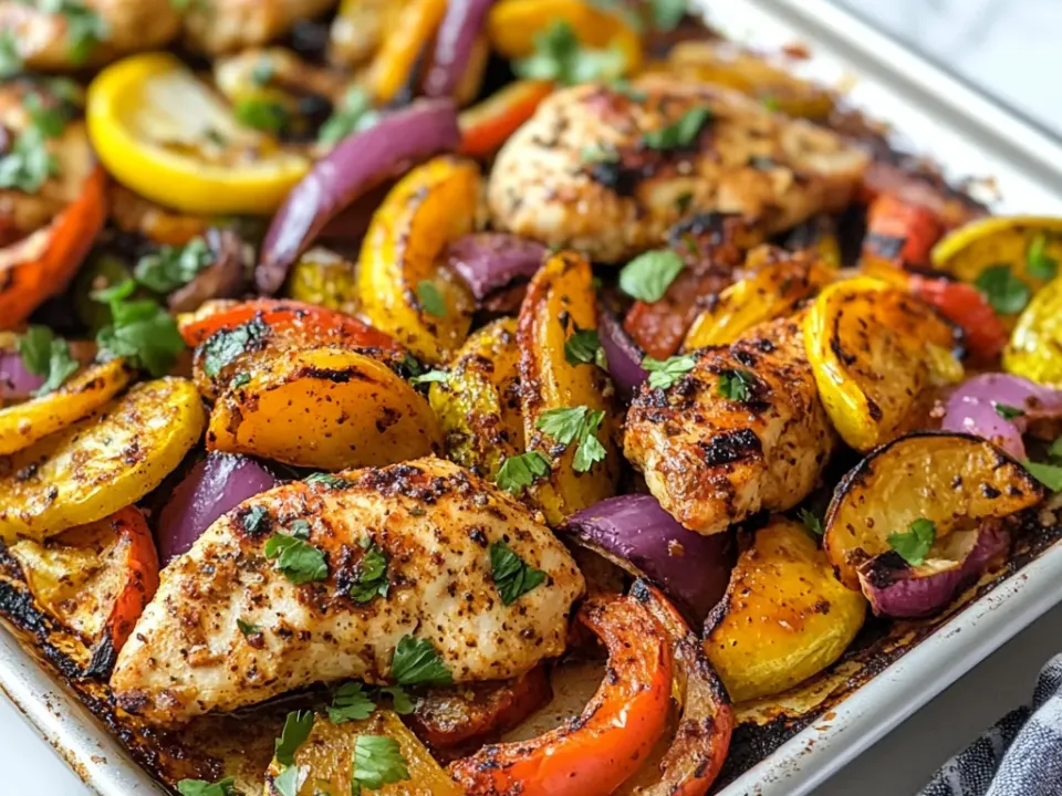 Chicken strips with red, yellow and green pepper and red onion charred at the edges on a white sheet pan, with lime and coriander