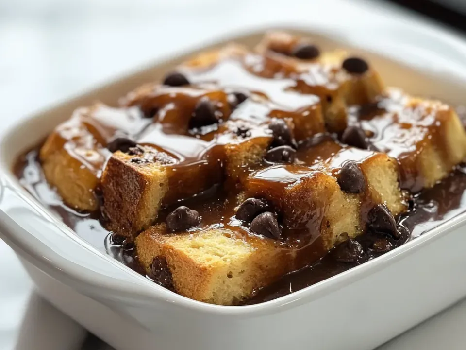 Cubes of gluten-free bread pudding under a glossy caramel sauce with chocolate chips throughout, in a white baking dish