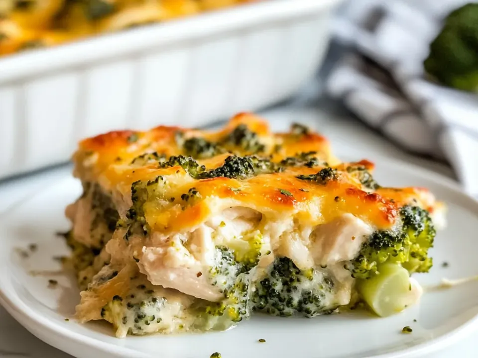 A square of broccoli chicken divan on a plate, florets and chunks of chicken in a pale sauce under a browned cheddar and panko top