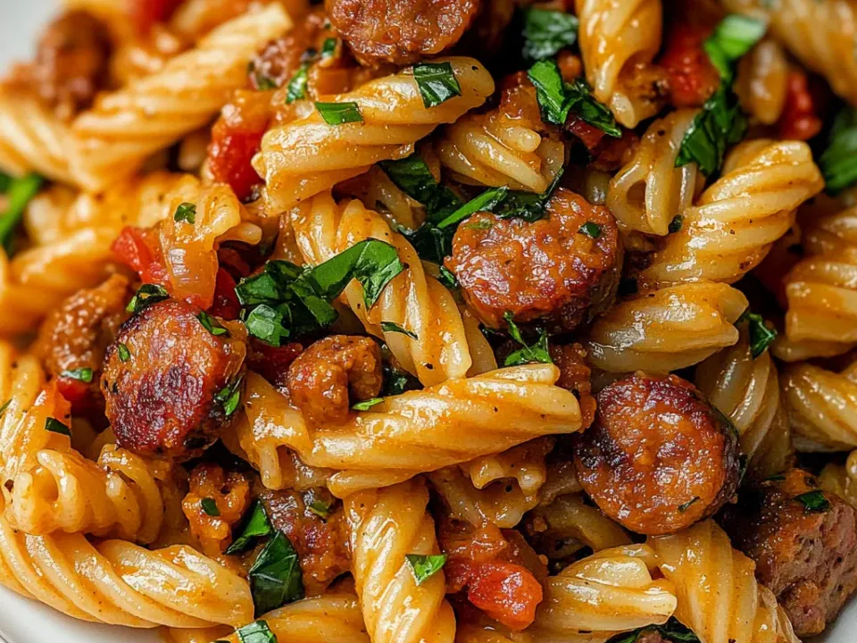 Gemelli in a reddish-brown Cajun sauce with deeply browned sausage coins, diced tomato and chopped parsley on a white plate