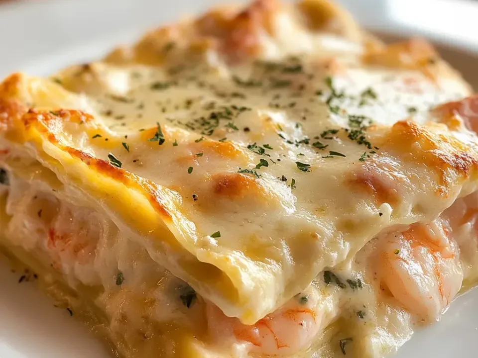 A square of lasagna on a white plate with pale pasta sheets, thick white alfredo sauce and pink shrimp between the layers, under a browned cheese top with dried parsley