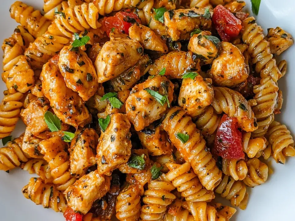 Rotini on a white plate tossed with chunks of Cajun-seasoned chicken, red pepper and tomato pieces and chopped parsley, coated in dry orange-red seasoning rather than sauce