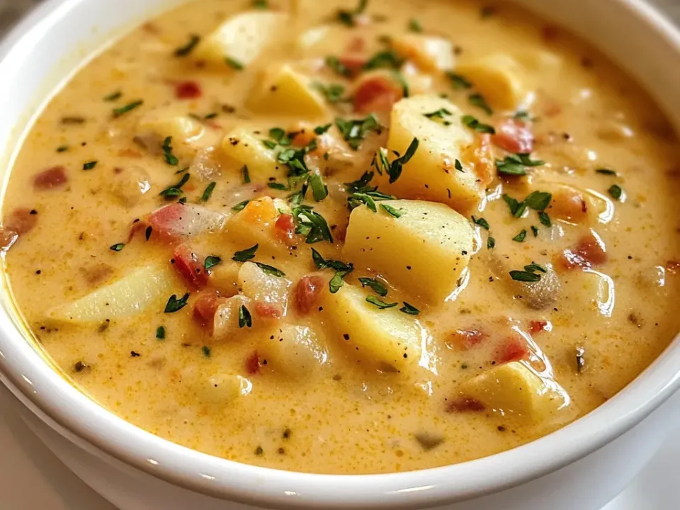 A white bowl of creamy soup with yellow potato chunks, small pieces of bacon, chopped herbs and black pepper