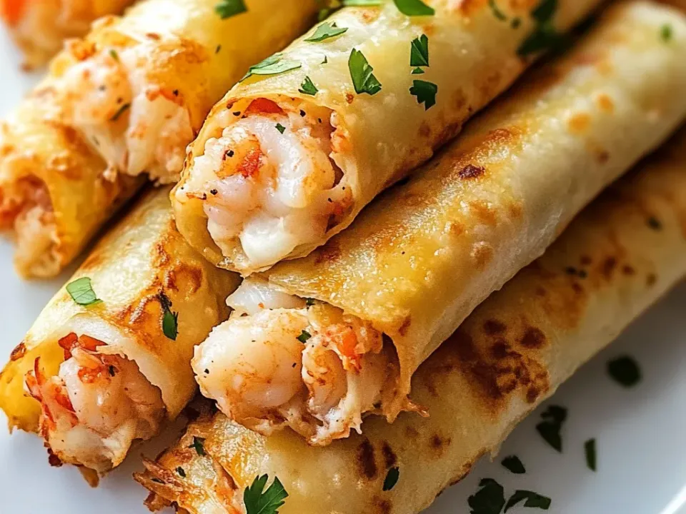 Golden rolled taquitos standing upright in a row, garnished with parsley