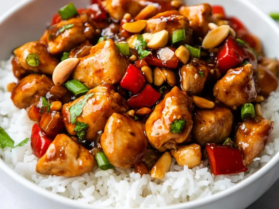 Cubes of chicken in a glossy dark sauce with roasted peanuts, red pepper chunks and sliced scallion, served over white rice