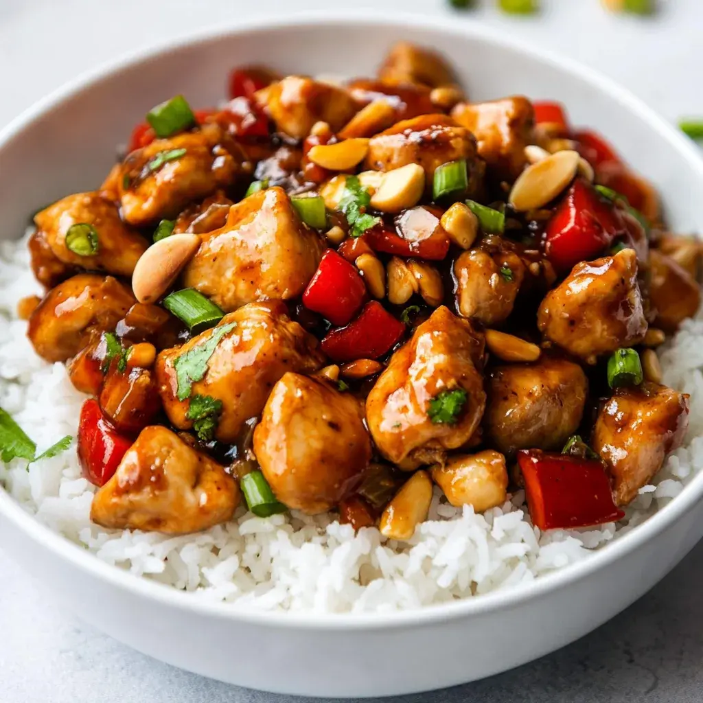 Cubes of chicken in a glossy dark sauce with roasted peanuts, red pepper chunks and sliced scallion, served over white rice
