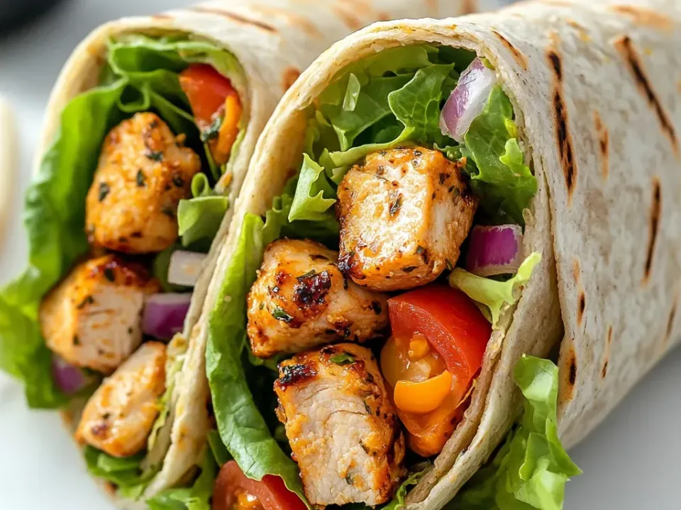 Two halves of a grill-marked flour tortilla wrap filled with seasoned seared chicken cubes, green-leaf lettuce, red and yellow tomato pieces and diced red onion