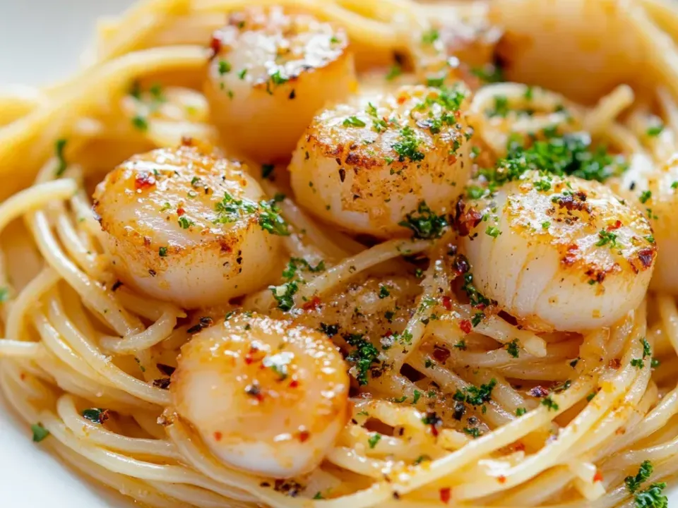 A white plate of spaghetti in a light buttery sauce topped with golden-seared sea scallops, red pepper flakes, black pepper and parsley