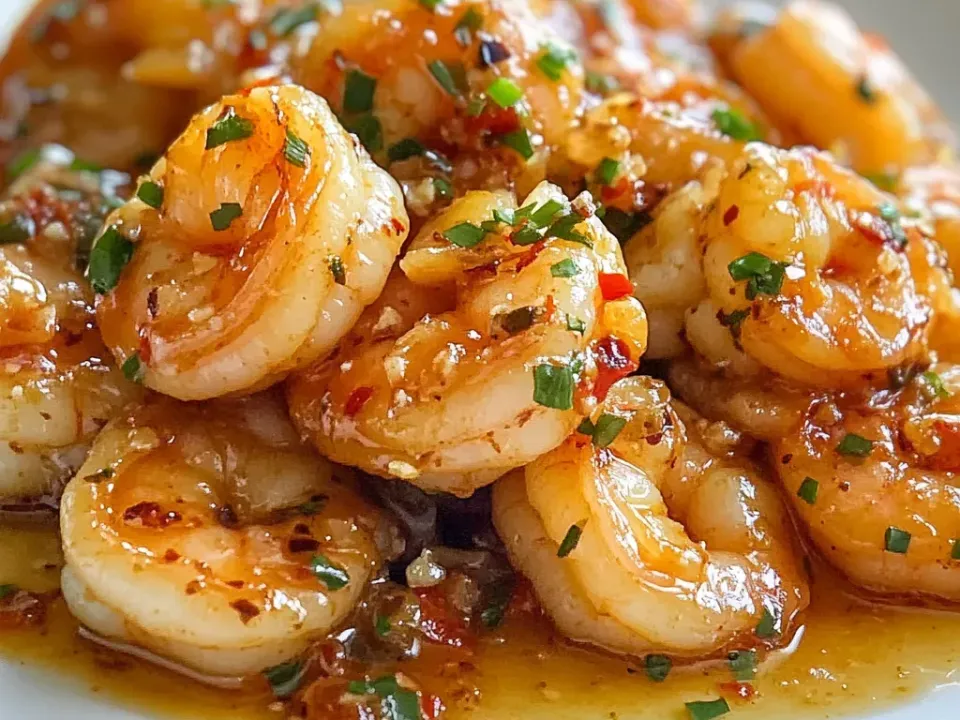 Plump shrimp on a white plate coated in a glossy amber garlic sauce flecked with chilli and minced garlic, scattered with sliced chives, sauce pooling beneath