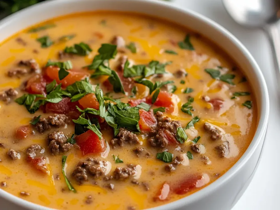 Bowl of thick cheddar and ground beef soup with potato cubes and diced carrot, topped with bacon and green onion
