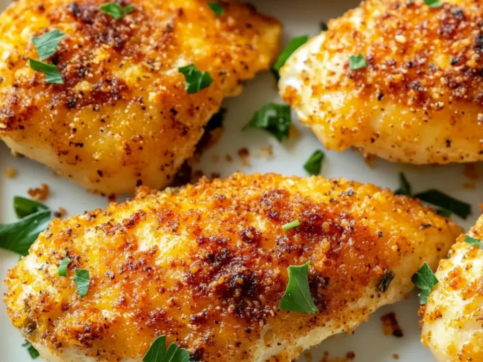 Thin chicken cutlets fully encased in a fine golden-orange crisp crumb coating speckled with seasoning, scattered with torn parsley on a white platter
