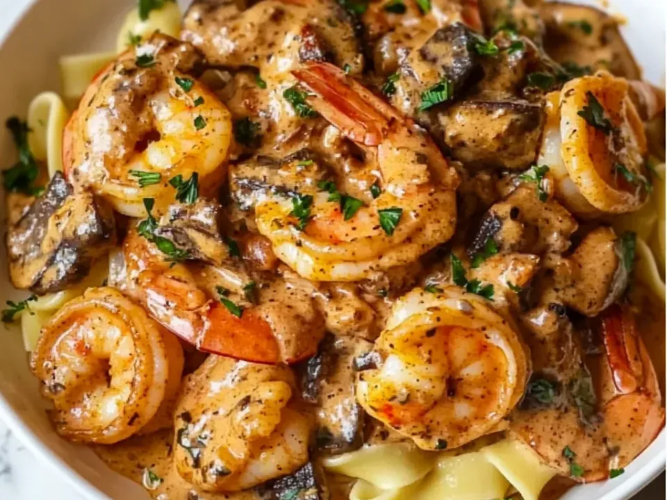 Whole shrimp with spice-darkened surfaces and browned sliced mushrooms in a thick tan cream sauce over wide flat egg noodles, scattered with parsley in a white bowl