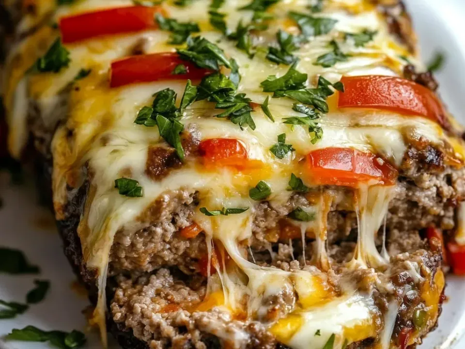 A sliced ground-beef meatloaf with a dark crust, internal pockets of melted white cheese, red bell pepper strips inside and on top, under a melted cheese blanket with parsley