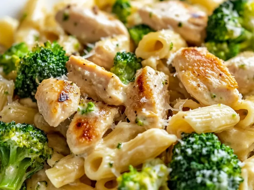 Rigatoni in a white cream sauce with browned chicken chunks, broccoli florets and grated Parmesan in a white bowl