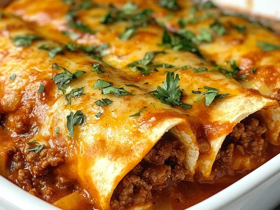 A white baking dish of rolled flour tortillas filled with browned ground beef, covered in red enchilada sauce and melted golden cheese, scattered with chopped herbs