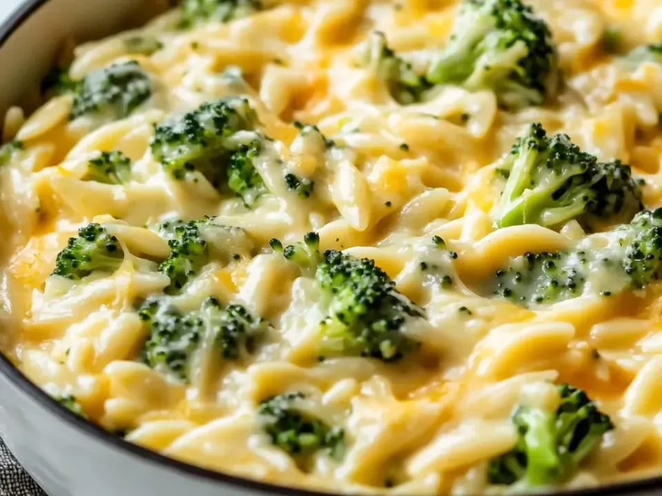 Creamy orzo in a pale cheddar sauce with bright green broccoli florets and streaks of melted orange cheddar in a white enamel pot