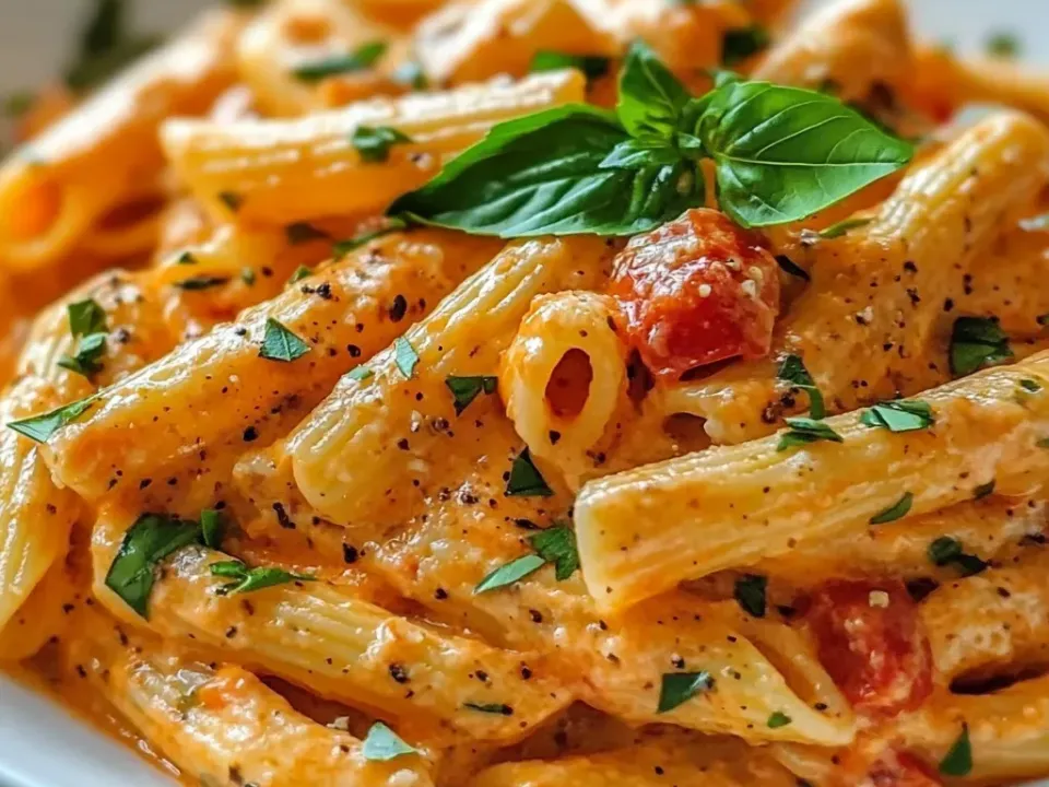Penne in a pale orange tomato-cream sauce with fresh basil, black pepper and halved cherry tomatoes in a white bowl
