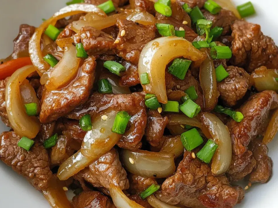 A white plate of thin seared beef strips and soft translucent onion in a glossy brown sauce, with carrot strips, green onion pieces and sesame seeds