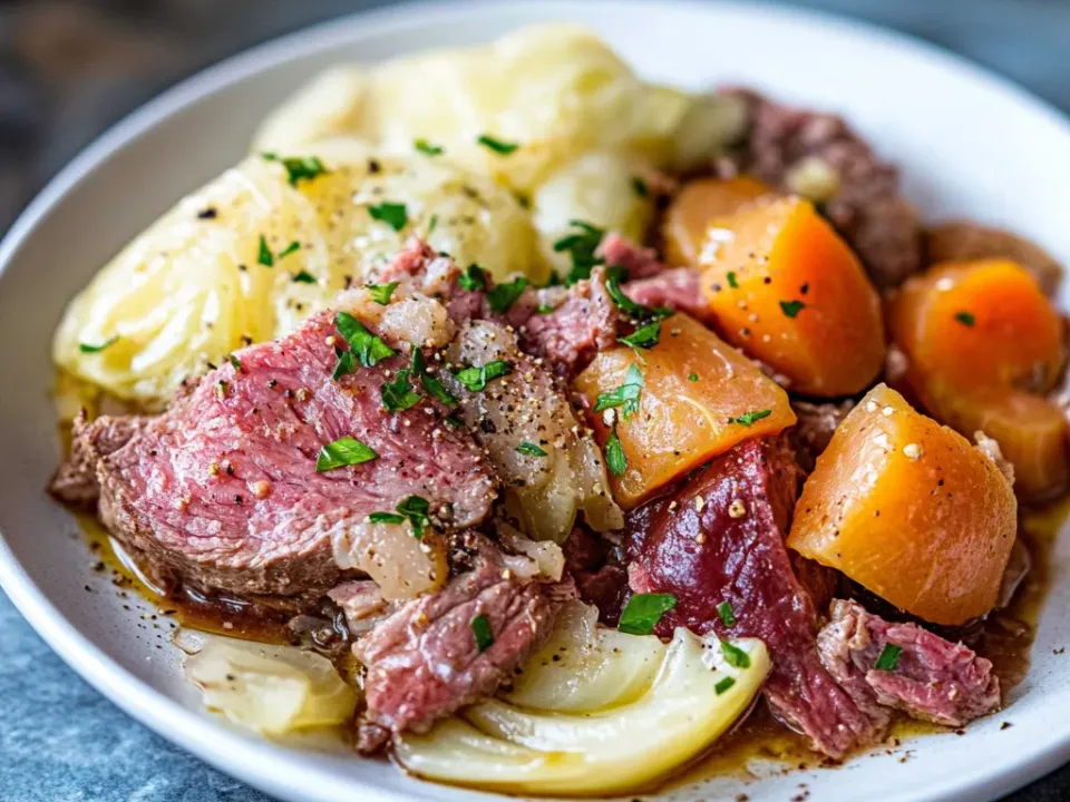 Sliced corned beef on a white plate with cabbage wedges, carrot pieces and softened onion