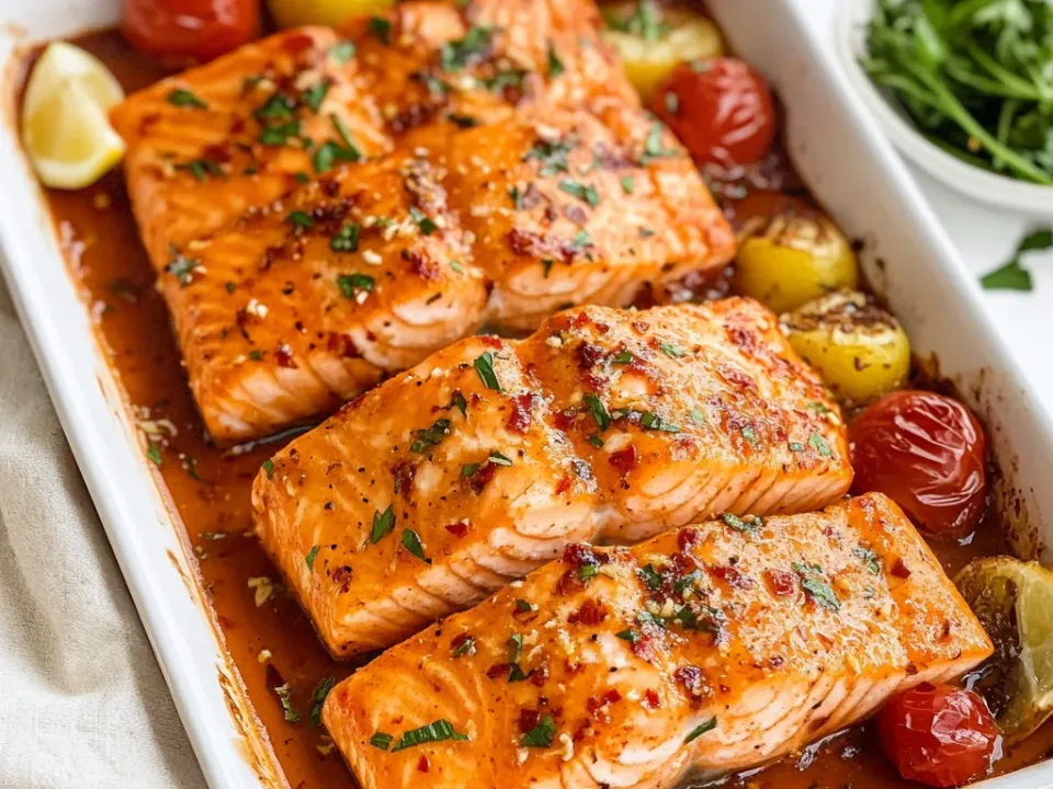 Four glazed salmon fillets on a white sheet pan with blistered tomatoes, small potatoes and a lemon wedge