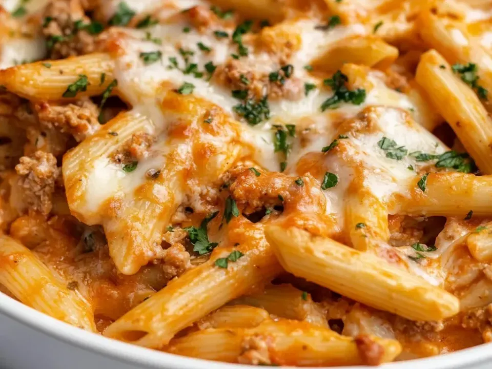 A white baking dish of mostaccioli in a creamy orange tomato-cream sauce with browned ground meat under melted mozzarella browned in patches, scattered with parsley