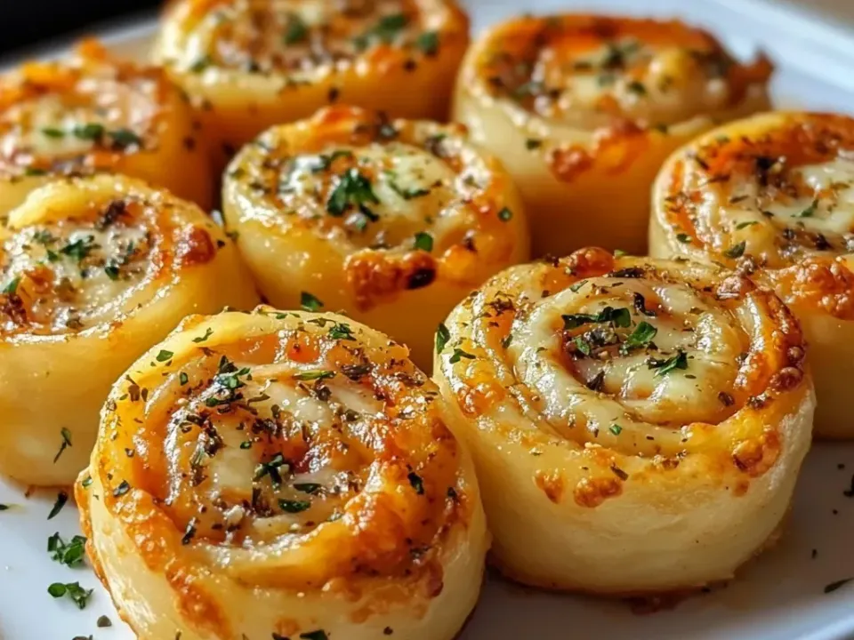 Round pinwheel rolls of pale baked dough each showing a spiral of red tomato sauce and melted white cheese browned at the top, glossy and scattered with dried herb and chopped parsley