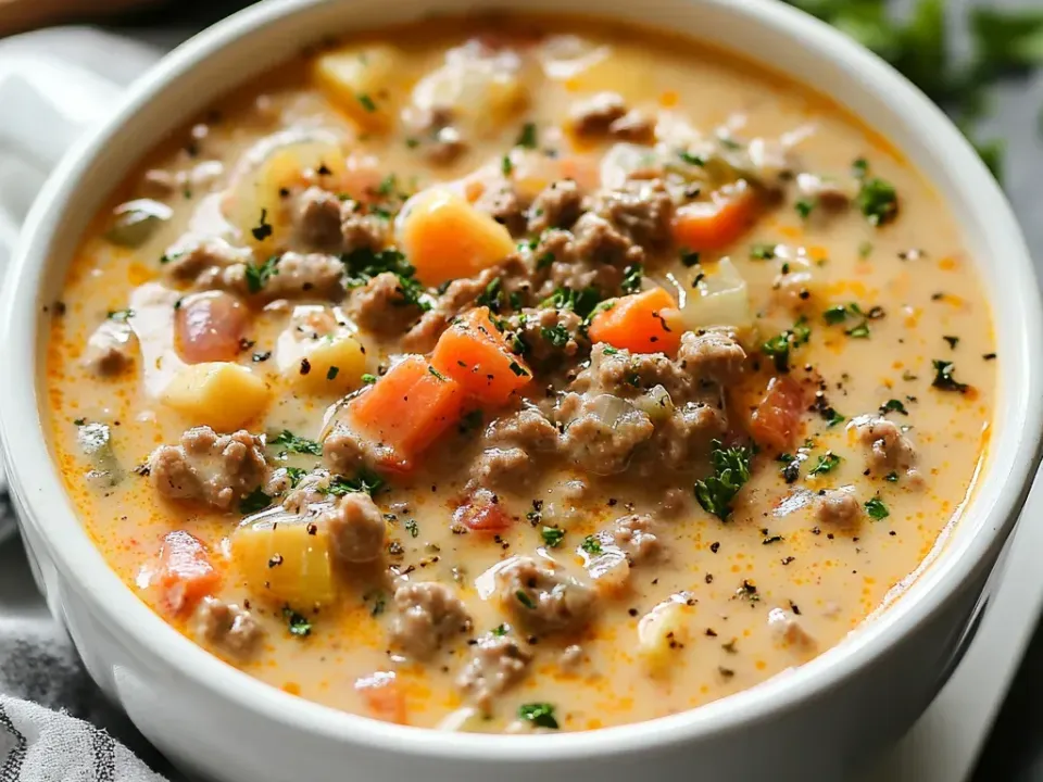 A white bowl of creamy orange-tinted soup with browned ground beef crumbles, diced potato and carrot, onion and small green chile pieces, flecked with parsley and black pepper