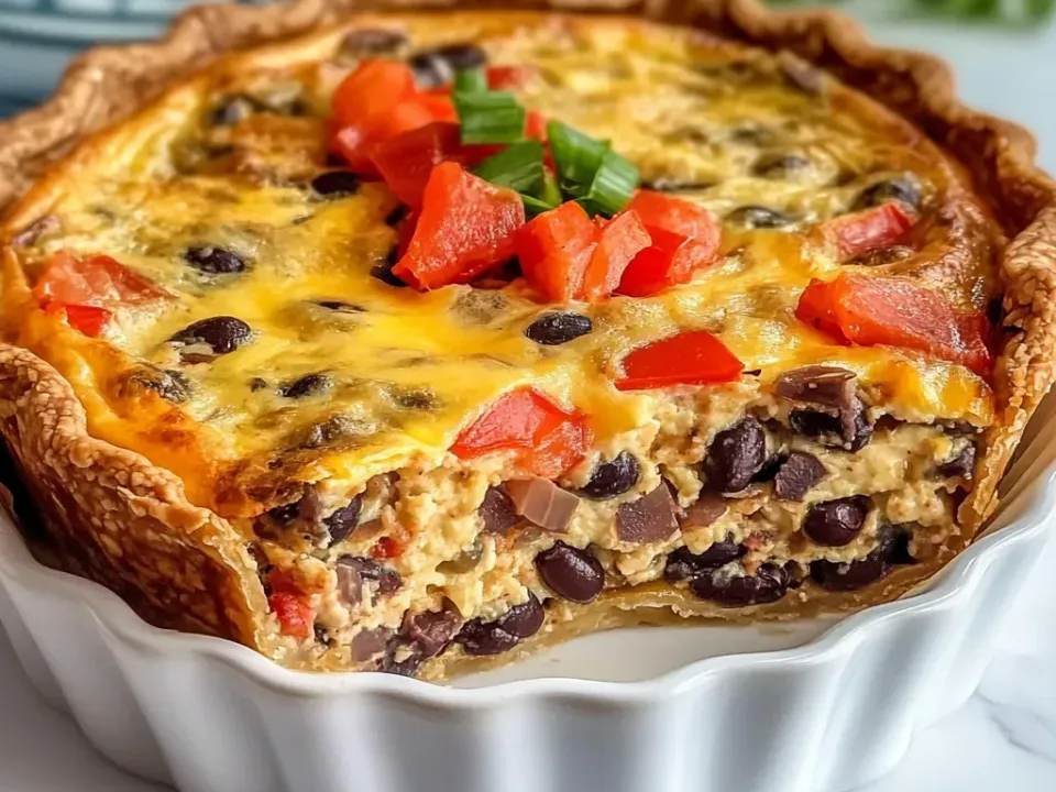 A quiche in a fluted white dish with a crimped pastry crust and egg custard full of black beans, red bell pepper and onion under melted golden cheese, a wedge cut away