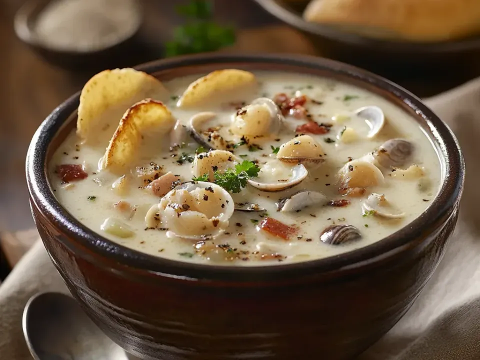 A brown ceramic bowl of thick creamy white chowder with whole clams in their shells, diced potato, crisp bacon, celery, parsley and black pepper, topped with golden crisps, crusty bread behind