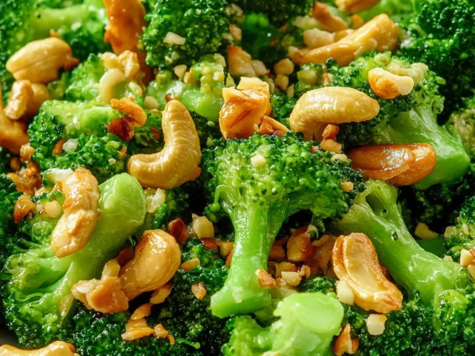 Bright green broccoli florets glossy with garlic butter, tossed with whole toasted cashews and golden chopped garlic in a white bowl