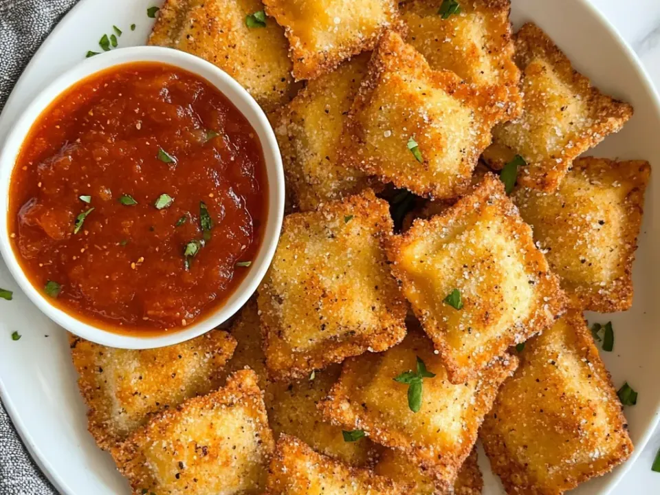 A white plate of square ravioli with a golden crisp breadcrumb and Parmesan coating, sprinkled with parsley, around a small bowl of marinara sauce