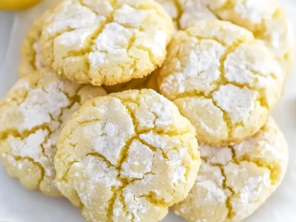 Lemon crinkle cookies with cracked powdered sugar tops cooling on a rack
