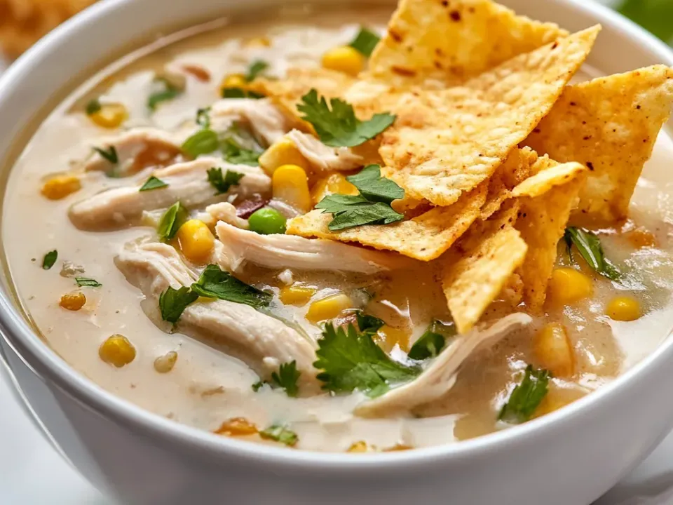 A white bowl of pale chicken chilli with shredded chicken, corn and coriander, topped with crisp tortilla strips