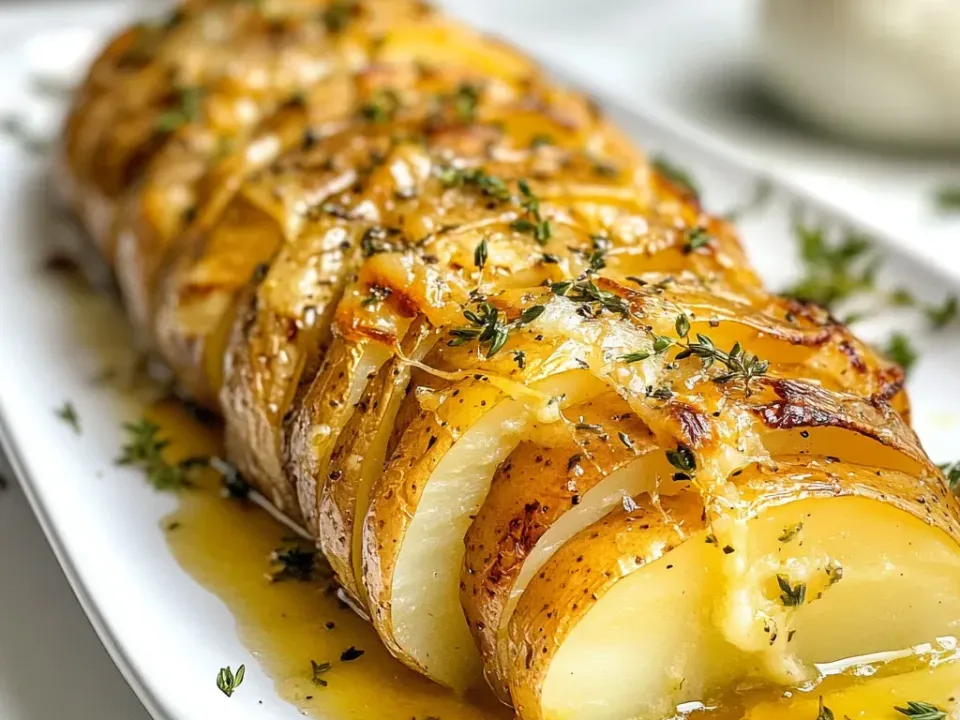 A long white platter holding a row of fanned thin-sliced hasselback potatoes with golden edges and melted cheese on top, in golden butter with fresh thyme