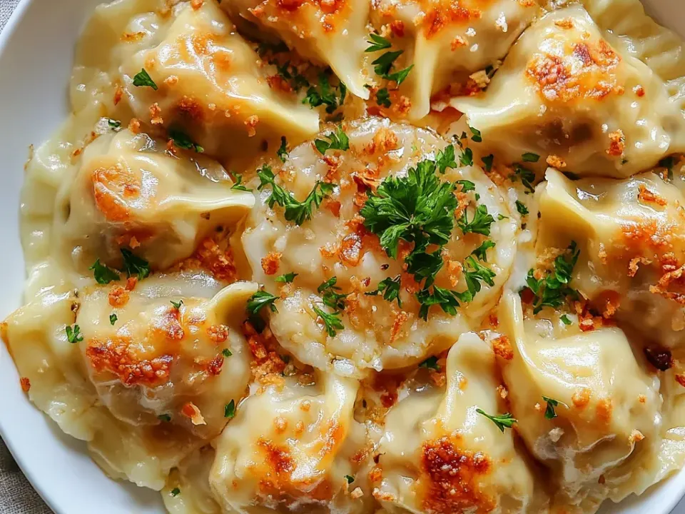 A white bowl of half-moon pierogi-style dumplings baked in a pale creamy cheese sauce with golden tops, toasted breadcrumbs and chopped parsley