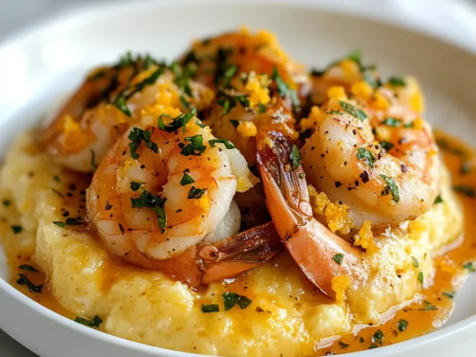 Whole tail-on shrimp on a bed of pale yellow loose creamy grits in an orange butter sauce, scattered with chopped parsley and coarse orange crumbs in a white bowl