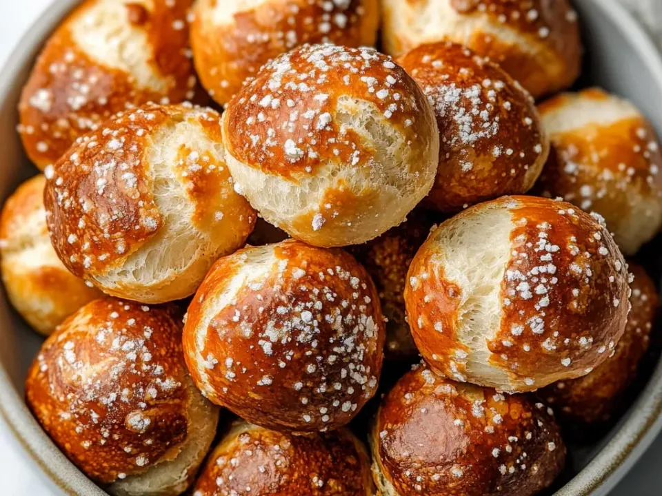 A bowl of round scored pretzel bites with a deep glossy mahogany crust, coarse pretzel salt and pale soft seams