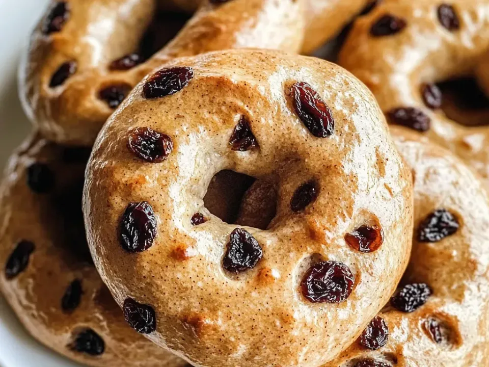 Pale gluten-free bagels studded with raisins, matte-crusted rather than glossy, in a white bowl