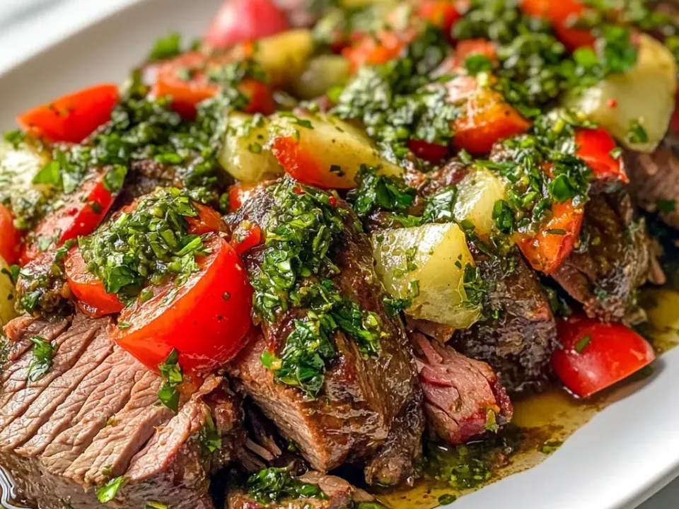 Thick slices of braised beef with a dark crusted exterior and pink-brown interior on a white oval platter, heaped with bright green chimichurri and scattered with halved cherry tomatoes and Yukon Gold potato chunks