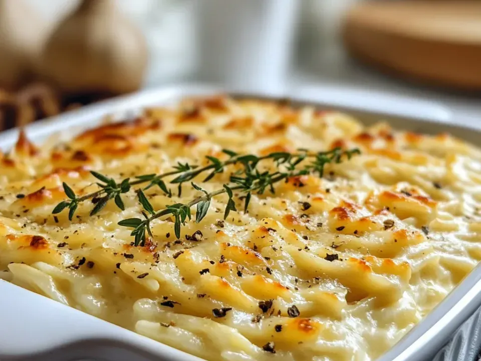 Small orzo pasta in a thick pale cream sauce in a white square baking dish, the surface baked to golden-brown blistered patches, dusted with cracked black pepper and laid with thyme sprigs