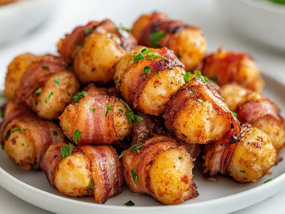 Bacon-wrapped tater tots on a plate with crisp browned bacon edges and a green onion garnish