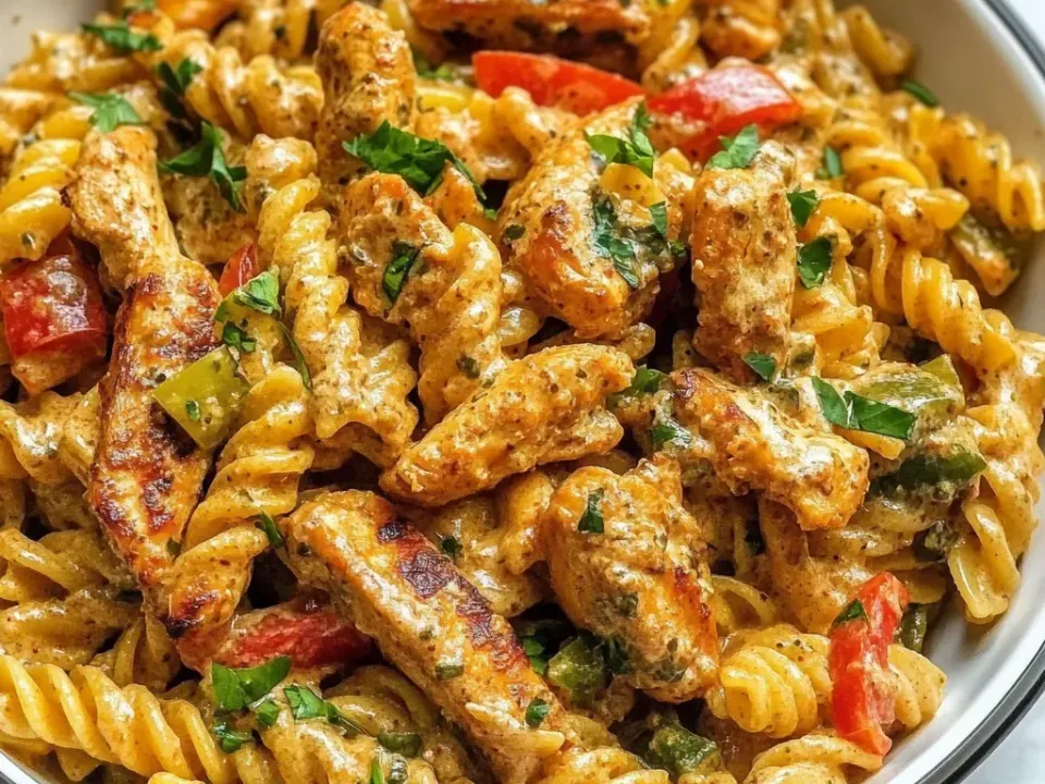 Rotini in a tan jerk-spiced cream sauce with seared spice-crusted chicken strips and red and green bell pepper slices, scattered with chopped green herb