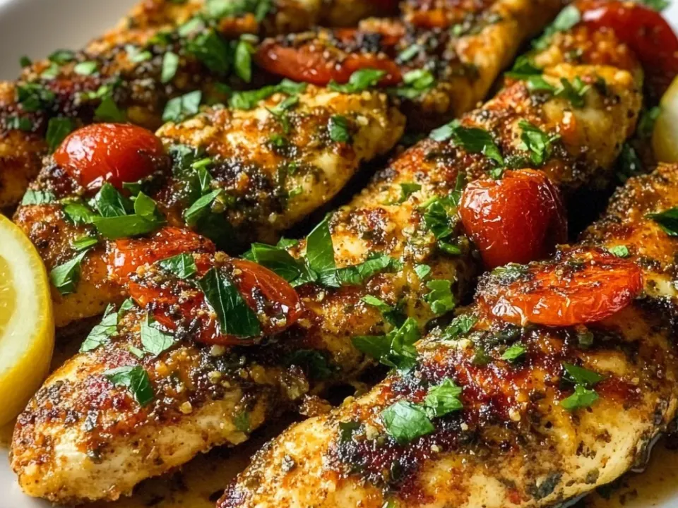 Crisp-edged baked chicken tenders with herbs and Parmesan crumb, blistered tomatoes and lemon wedges on a white plate