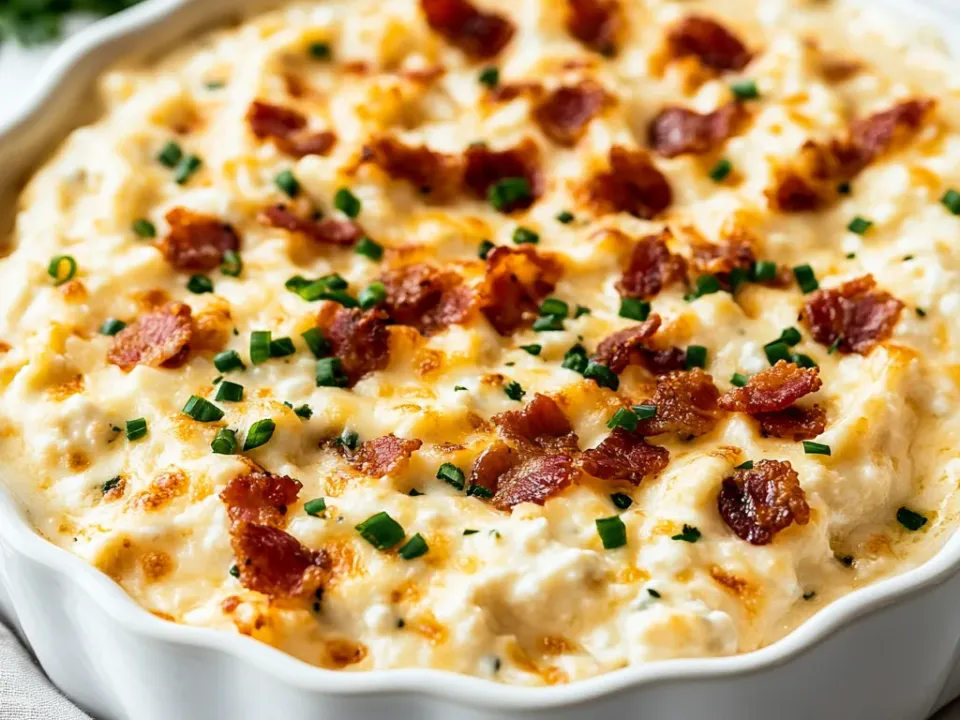Slow cooker of smooth pale cheese dip topped with crumbled crisp bacon and chopped chives